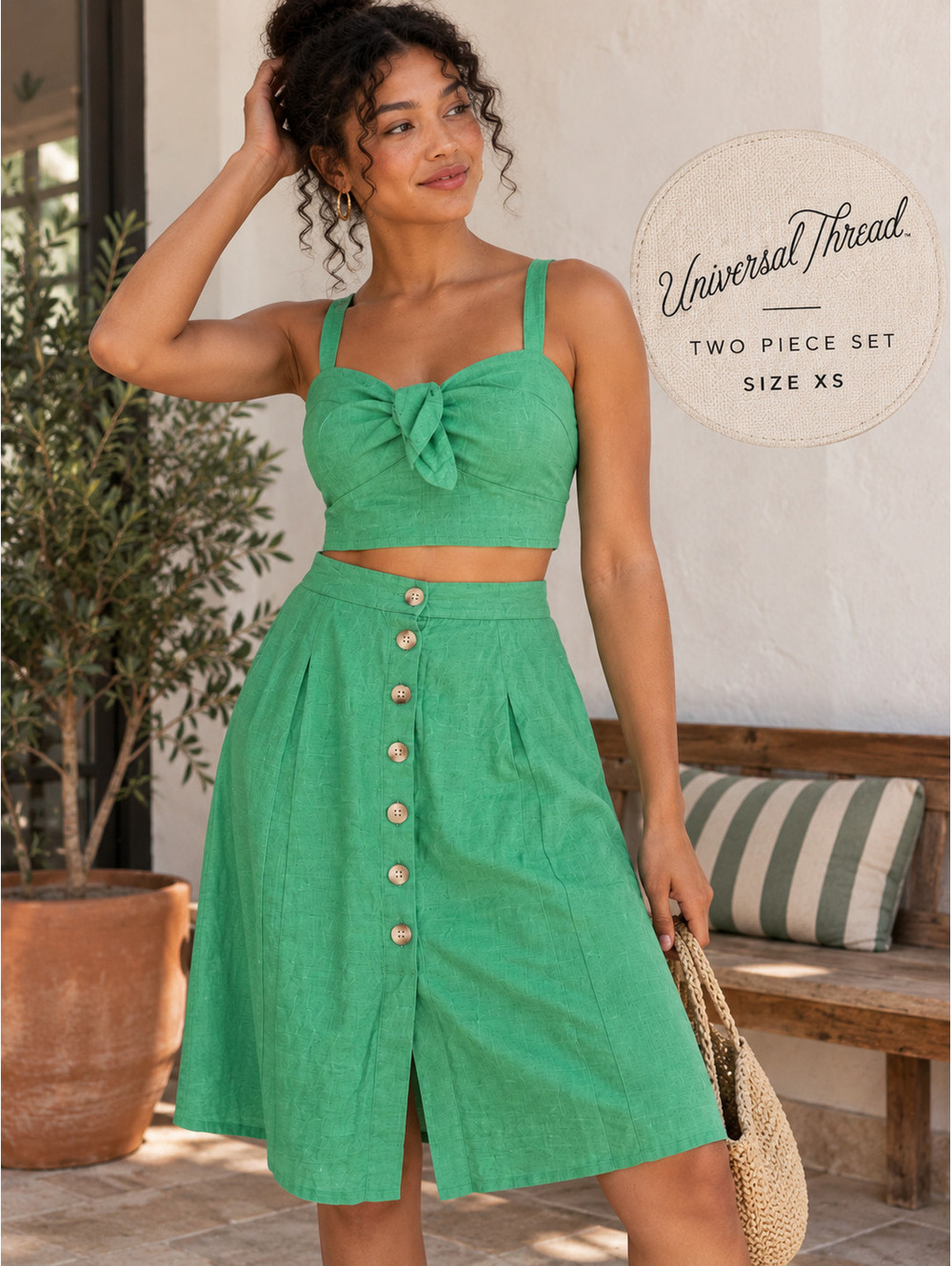 Universal Thread | XS | Green Linen Top & Skirt Set